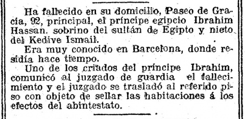 Noticia de la defunción del príncipe Ibrahim Hassan. La Vanguardia, 28 de octubre de 1918